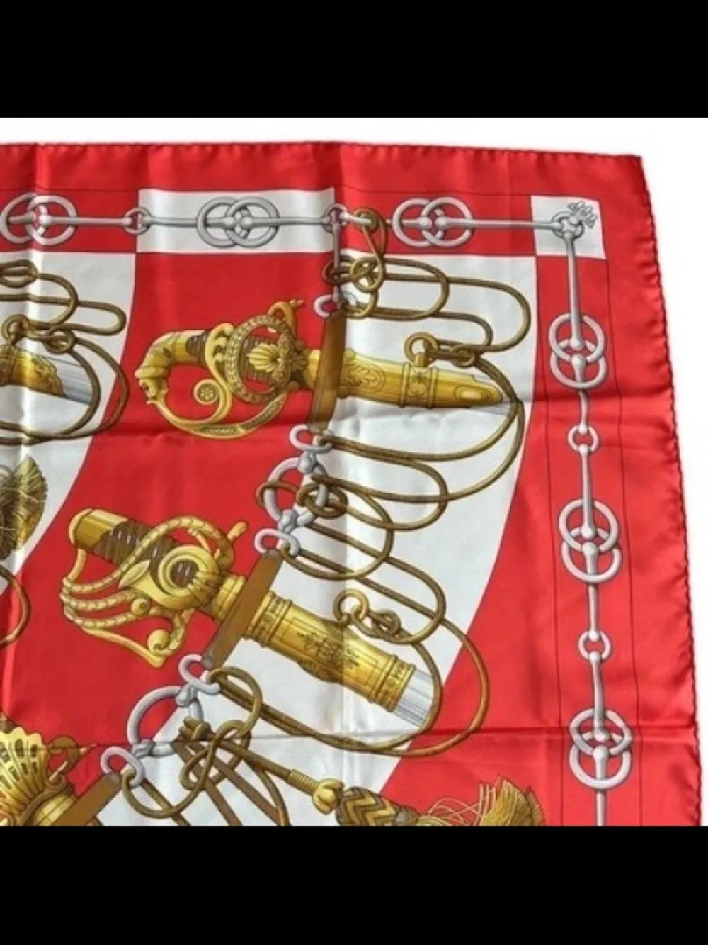 Hermes Red White and Gold Equestrian Print Silk Scarf